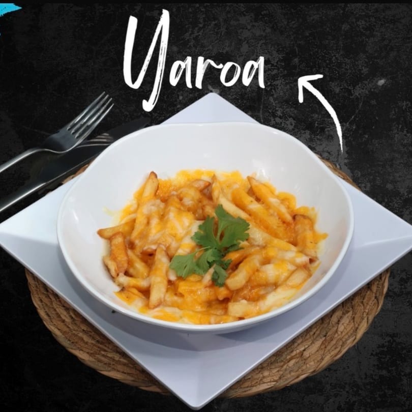 A white bowl of cheesy french fries topped with cilantro, on a woven placemat.